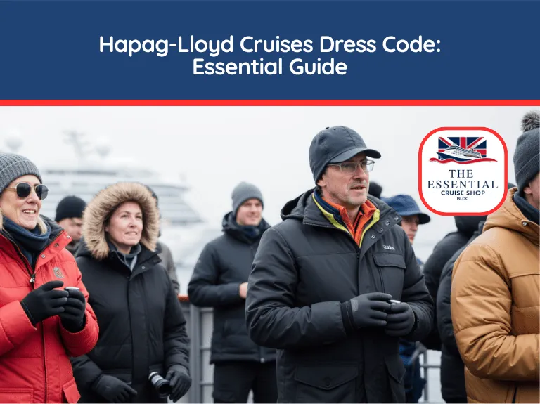 Passengers bundled in warm, heavy coats on a cold weather cruise deck. Title banner reads "Hapag-Lloyd Cruises Dress Code."