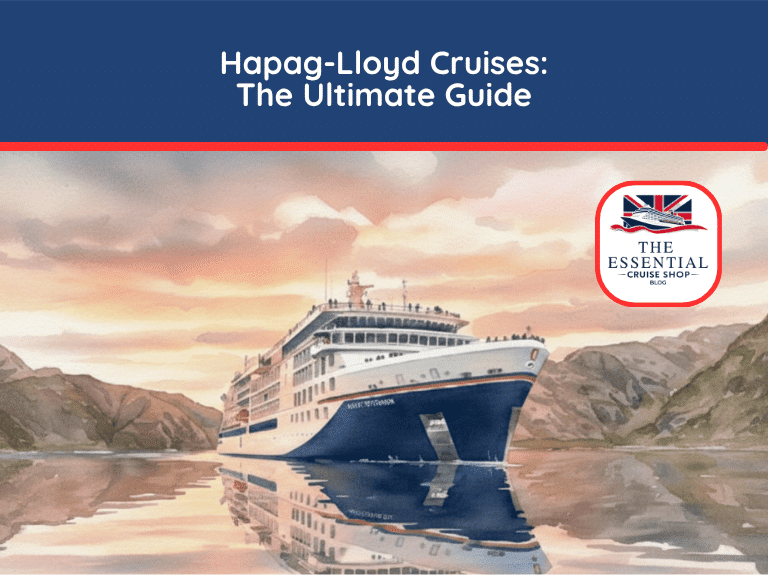 Watercolor illustration of a Hapag-Lloyd Cruises ship sailing through a fjord at sunset. Title reads "Hapag-Lloyd Cruises: The Ultimate Guide."