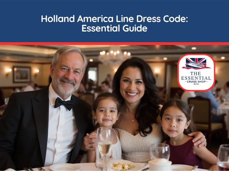 Family dressed in formal attire for dinner on a cruise ship. Title banner reads "Holland America Line Dress Code: Essential Guide."