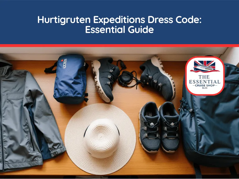 Layflat of expedition gear including rain jackets, hiking shoes, and hats. Title banner reads "Hurtigruten Expeditions Dress Code."