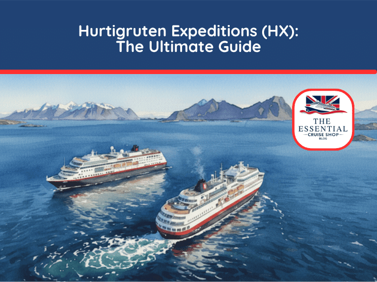 Watercolor illustration showing two Hurtigruten expedition ships cruising near distant snow-capped mountains. Title reads "Hurtigruten Expeditions (HX): The Ultimate Guide."