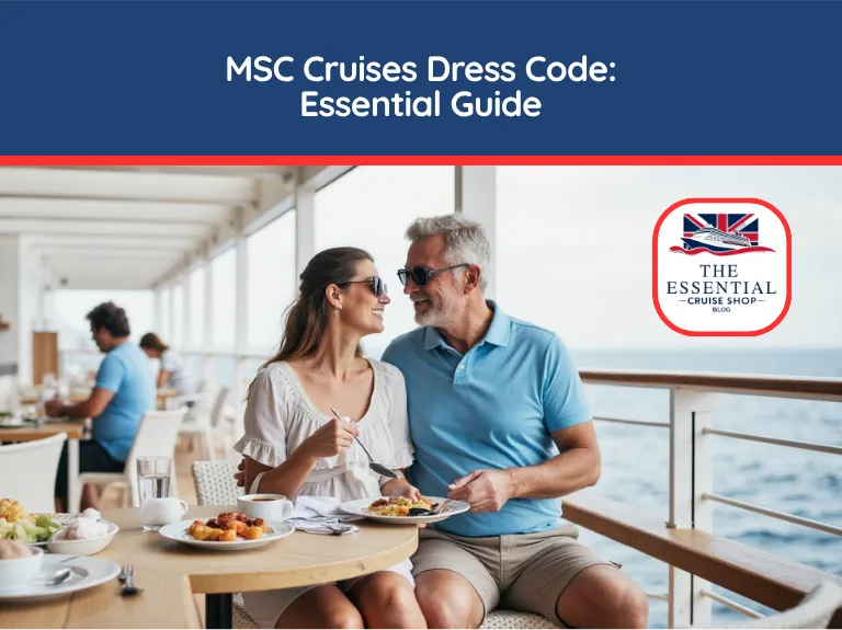 Couple in sunglasses eating lunch casually on an outdoor cruise ship deck overlooking the ocean. Title reads "MSC Cruises Dress Code."