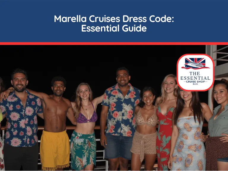 Group of young adults in tropical and resort casual attire posing on a ship deck at night. Title reads "Marella Cruises Dress Code."