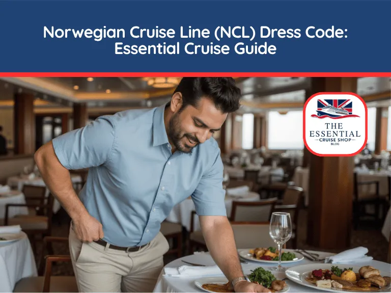 Man in smart casual attire in a cruise ship dining room. Title reads "Norwegian Cruise Line Dress Code."