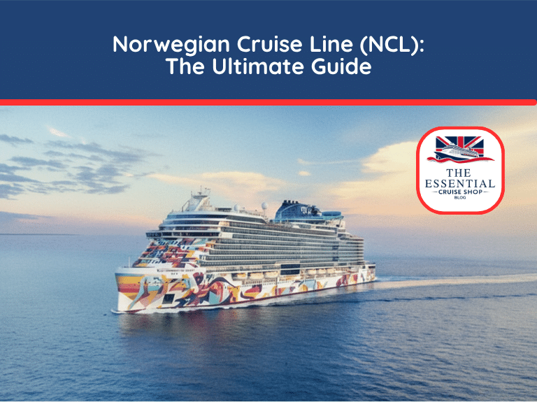 Norwegian Cruise Line ship with a colorful hull artwork sailing on the ocean at sunset. Title reads "Norwegian Cruise Line (NCL): The Ultimate Guide."