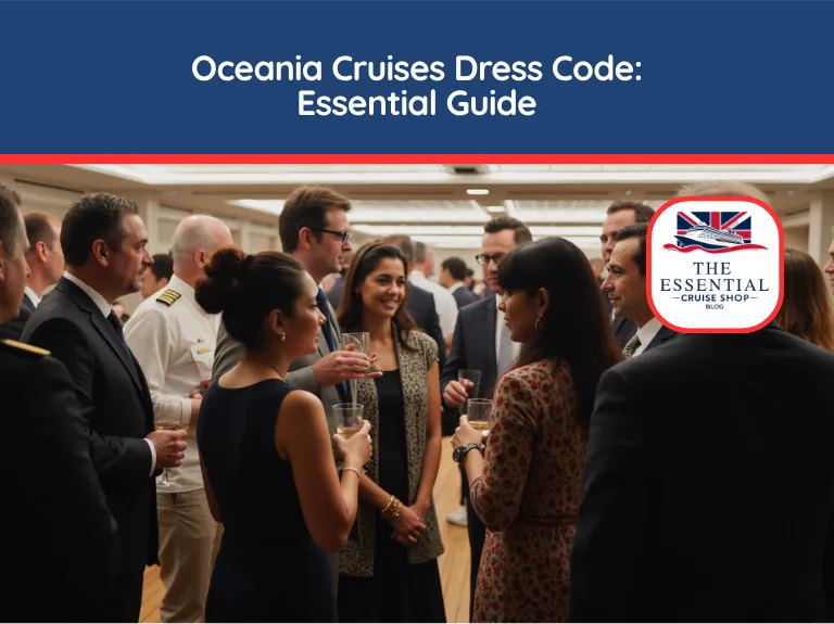 Passengers and crew in elegant cocktail attire socializing at an evening event. Title banner reads "Oceania Cruises Dress Code."