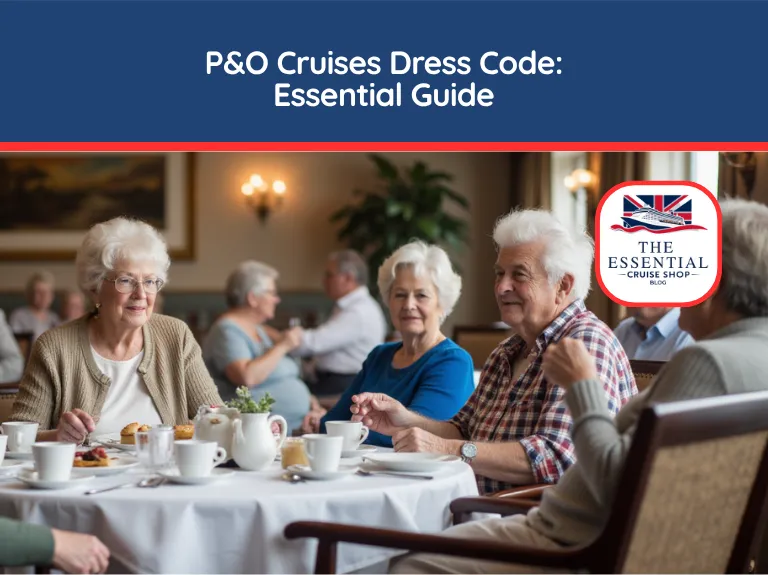 Senior passengers enjoying tea and socializing at a table in a cruise ship dining room. Title reads "P&O Cruises Dress Code."