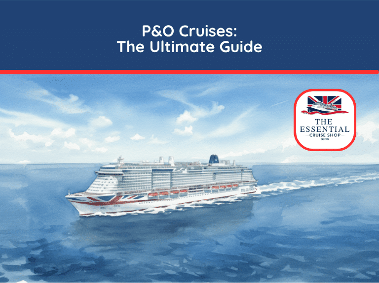 Watercolor illustration of a P&O Cruises ship sailing on the open ocean under a bright sky. Title reads "P&O Cruises: The Ultimate Guide."