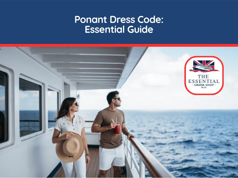 Couple in resort casual wear on a ship deck looking at the ocean. Title banner reads "Ponant Dress Code: Essential Guide."
