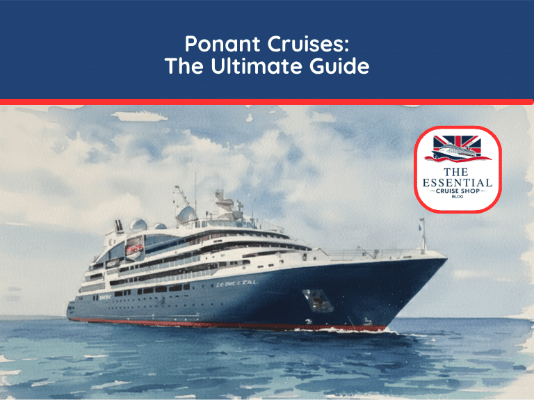 Watercolor illustration of a sleek, dark blue Ponant cruise ship sailing on the ocean. Title reads "Ponant Cruises: The Ultimate Guide."