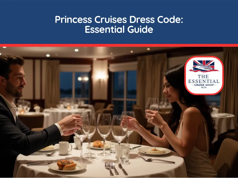 Couple in formal wear enjoying dinner and a glass of wine in an elegant dining room. Title reads "Princess Cruises Dress Code."