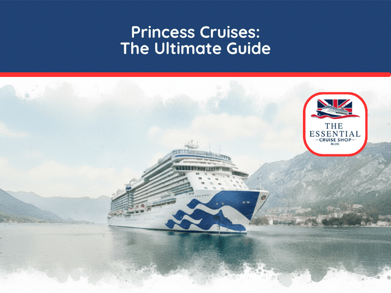 Princess Cruises ship with a blue hull sailing near mountainous coastlines. Title banner reads "Princess Cruises: The Ultimate Guide."