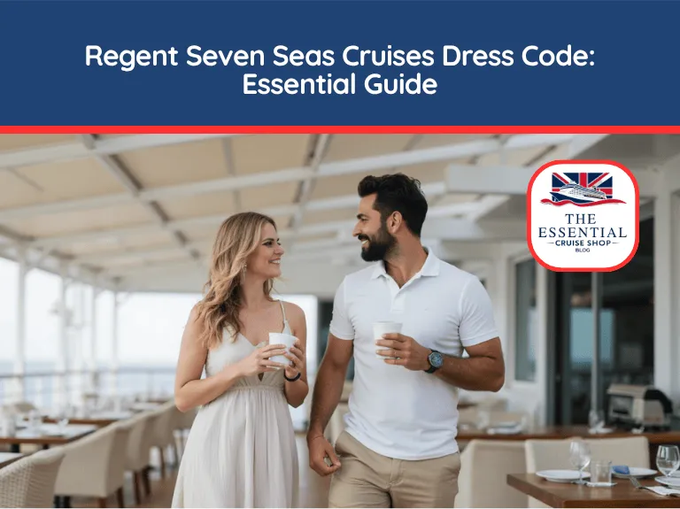 Couple in resort wear walking through an outdoor cruise ship restaurant. Title reads "Regent Seven Seas Cruises Dress Code: Essential Guide."