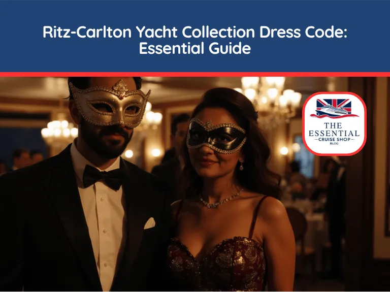 Couple in formal wear and masquerade masks at a cruise ship event. Title reads "Ritz-Carlton Yacht Collection Dress Code: Essential Guide."