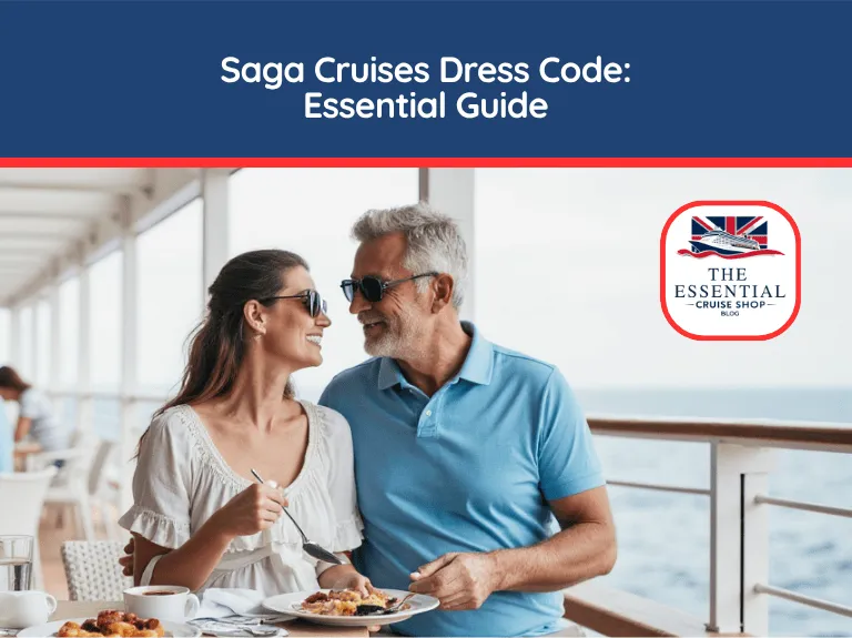 Couple in sunglasses eating lunch casually on an outdoor cruise ship deck overlooking the ocean. Title reads "Saga Cruises Dress Code: Essential Guide."