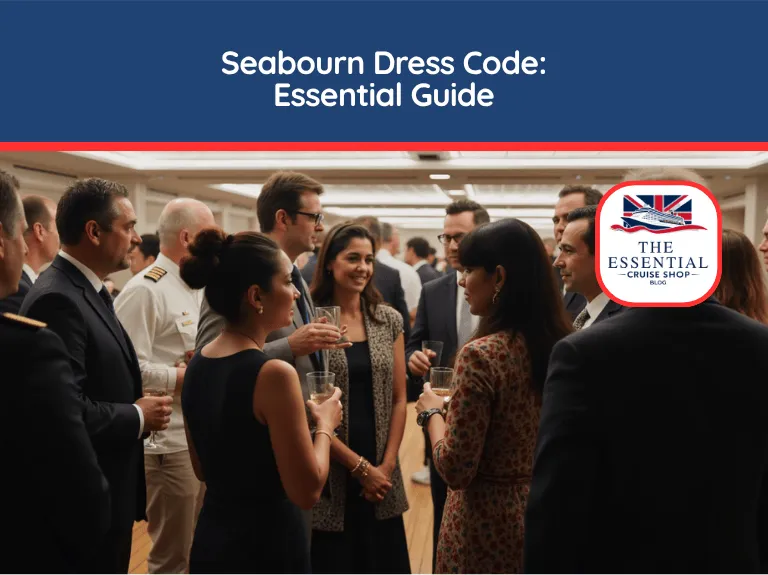 Passengers and crew in elegant cocktail attire socializing at an evening event. Title reads "Seabourn Dress Code: Essential Guide."