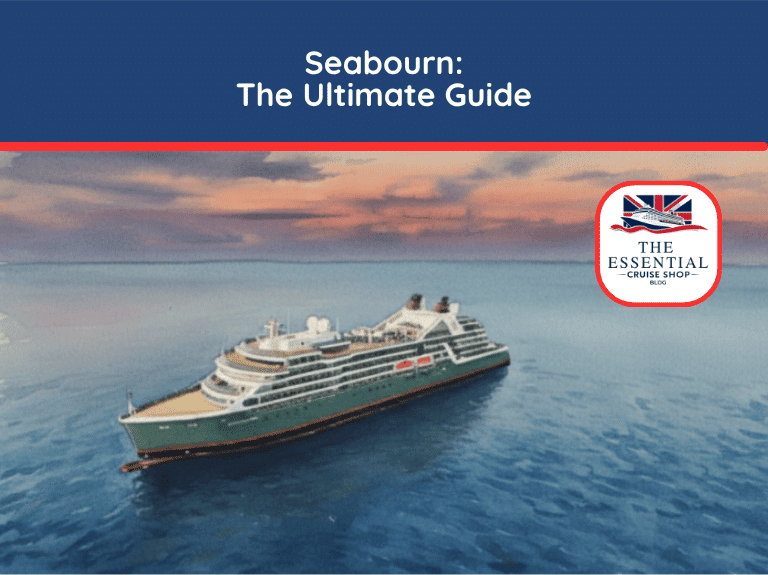 Watercolor illustration of a Seabourn cruise ship sailing on the ocean at sunset. Title reads "Seabourn: The Ultimate Guide."