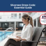 Woman in resort casual wear reading a book poolside on a cruise ship. Title reads "Silversea Dress Code: Essential Guide."