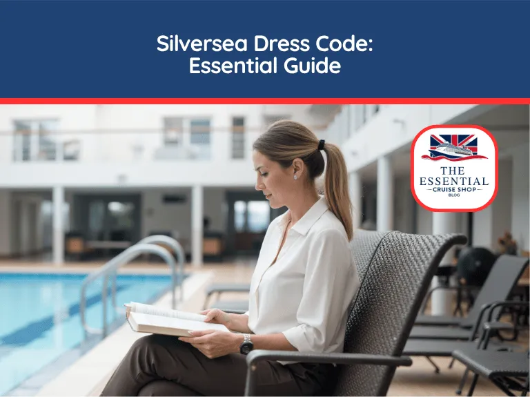 Woman in resort casual wear reading a book poolside on a cruise ship. Title reads "Silversea Dress Code: Essential Guide."