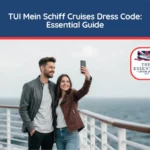 Young couple in casual jackets taking a selfie on the open deck of a cruise ship. Title reads "TUI Mein Schiff Cruises Dress Code: Essential Guide."