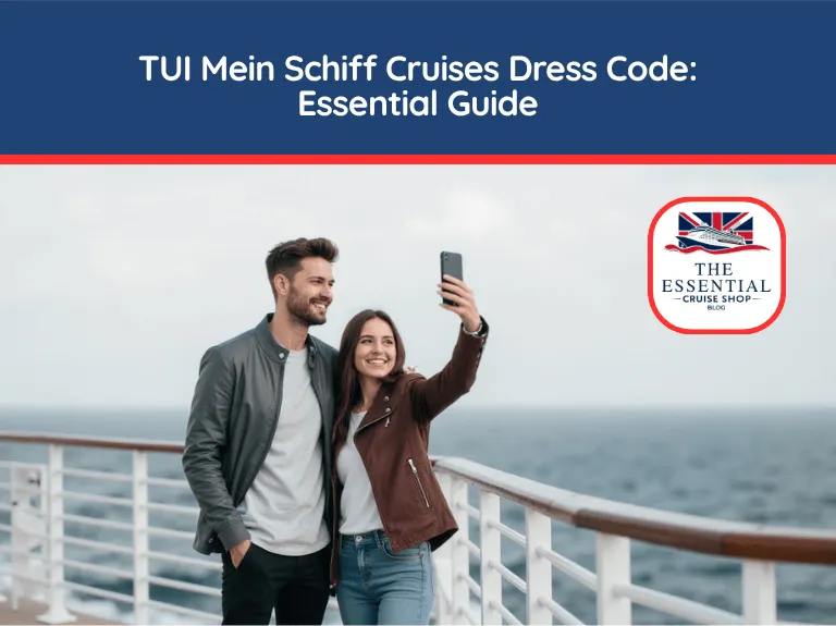 Young couple in casual jackets taking a selfie on the open deck of a cruise ship. Title reads "TUI Mein Schiff Cruises Dress Code: Essential Guide."
