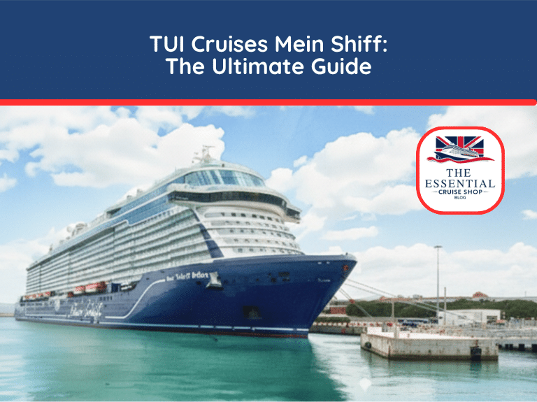 A TUI Cruises Mein Schiff vessel docked in a port with blue water under a cloudy sky. Title reads "TUI Cruises Mein Schiff: The Ultimate Guide."