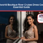 Woman in a sparkling evening gown standing by a window at night. Title reads "Uniworld Boutique River Cruises Dress Code: Essential Guide."