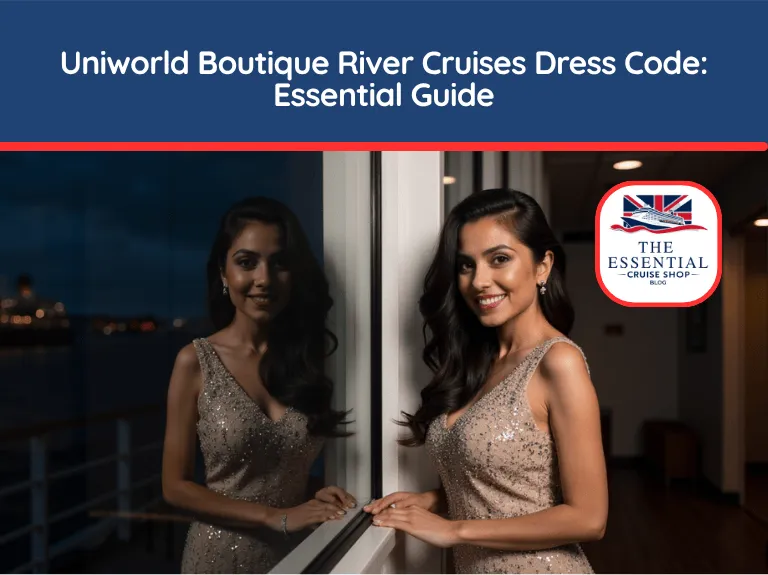 Woman in a sparkling evening gown standing by a window at night. Title reads "Uniworld Boutique River Cruises Dress Code: Essential Guide."