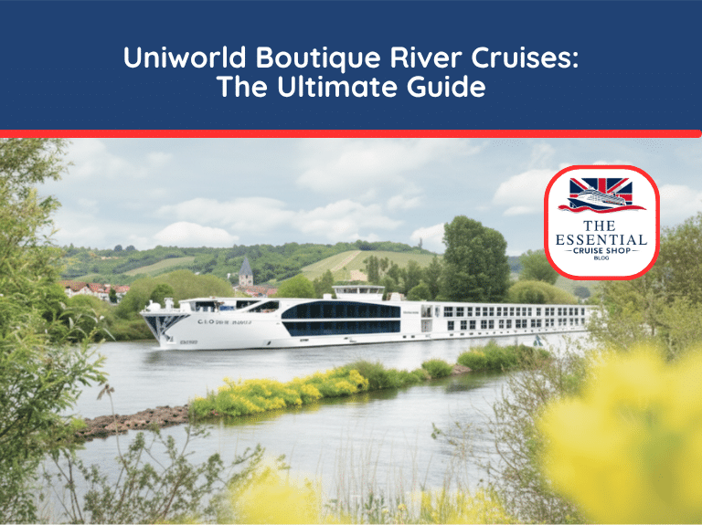 A Uniworld Boutique river cruise ship sailing down a European river lined with vegetation. Title reads "Uniworld Boutique River Cruises: The Ultimate Guide."