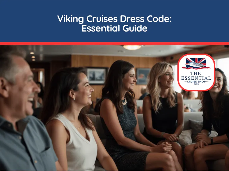 Group of adults socializing and laughing in a comfortable cruise ship lounge. Title reads "Viking Cruises Dress Code: Essential Guide."