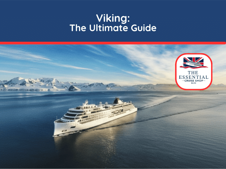 A white Viking cruise ship sailing past snow-covered mountains in a cold climate. Title reads "Viking: The Ultimate Guide."