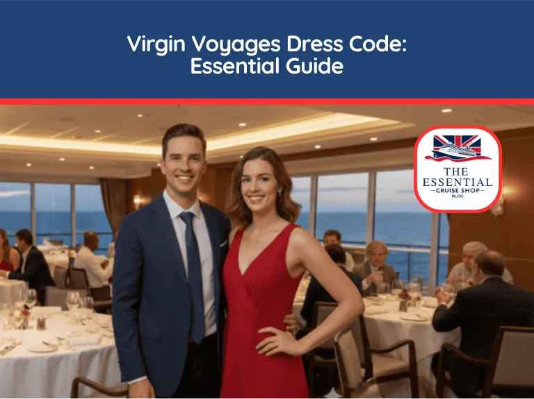 Couple in a suit and red cocktail dress in a formal dining room. Title reads "Virgin Voyages Dress Code: Essential Guide."