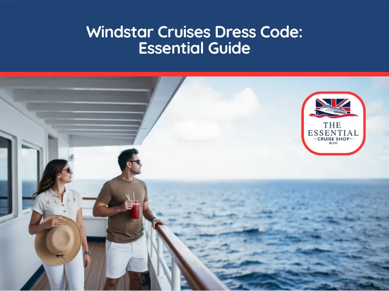 Couple in resort casual wear on a ship deck looking at the ocean. Title reads "Windstar Cruises Dress Code: Essential Guide."