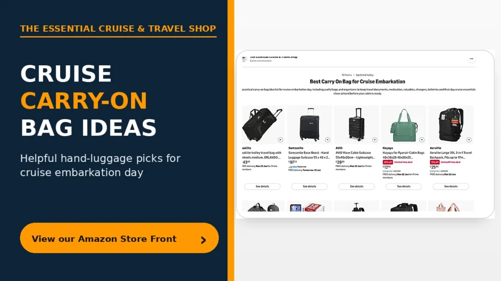 Alt text: Cruise carry-on bag ideas from The Essential Cruise & Travel Shop Amazon storefront with call to action to view our Amazon Store Front - The Essential Cruise Shop Blog