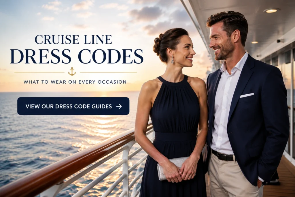 Cruise Line Dress Codes guide image showing a smartly dressed couple on a cruise ship deck at sunset with a call to action to view our dress code guides - The Essential Cruise Shop Blog