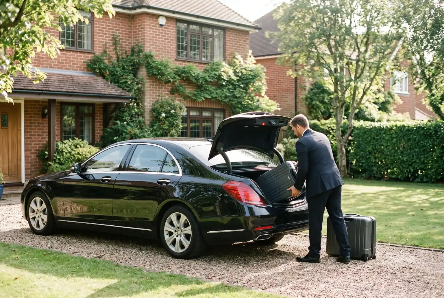 A chauffeur in a suit loading luggage into the boot of a black car outside a house